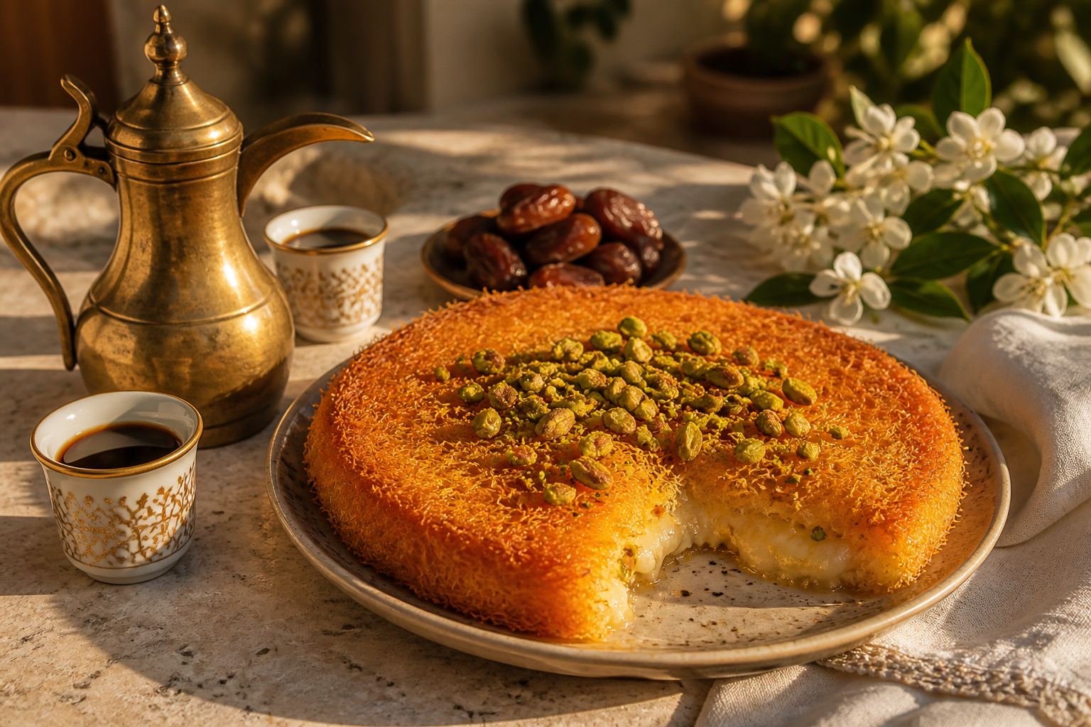 Golden knafeh served with Arabic coffee and dates